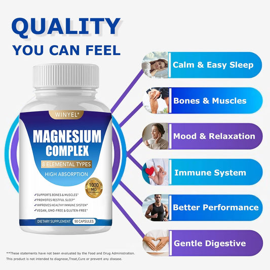 Magnesium Complex Supplement 8 Elemental 1000Mg | Magnesium Supplement with Glycinate, Malate, Citrate | Sleep, Relaxation, Bone & Muscle | Vegan 90 Capsules