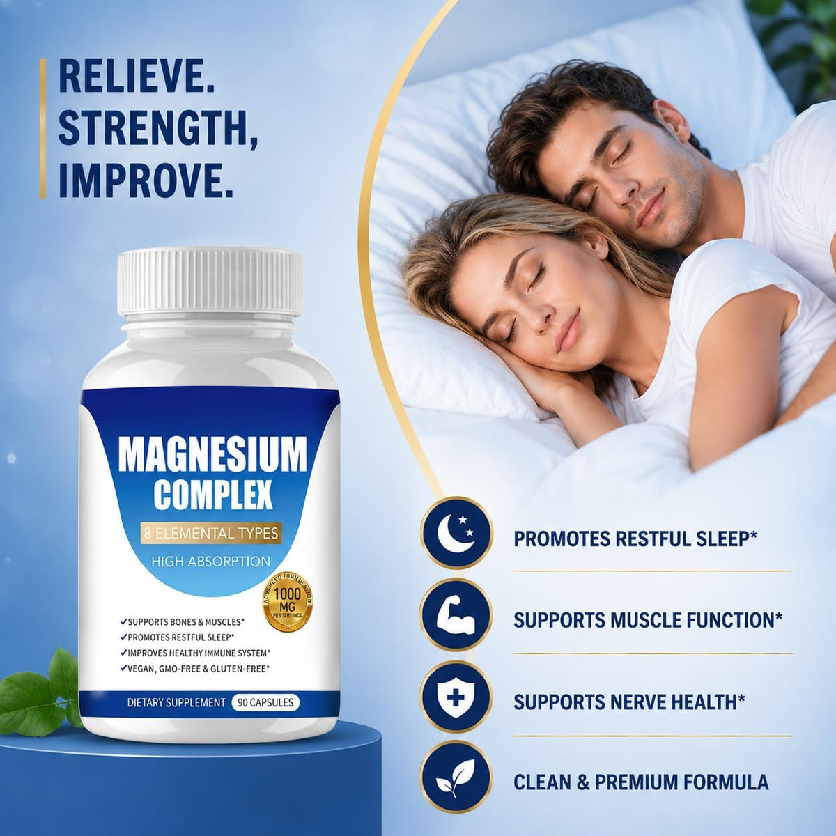 Magnesium Complex Supplement 8 Elemental 1000Mg | Magnesium Supplement with Glycinate, Malate, Citrate | Sleep, Relaxation, Bone & Muscle | Vegan 90 Capsules