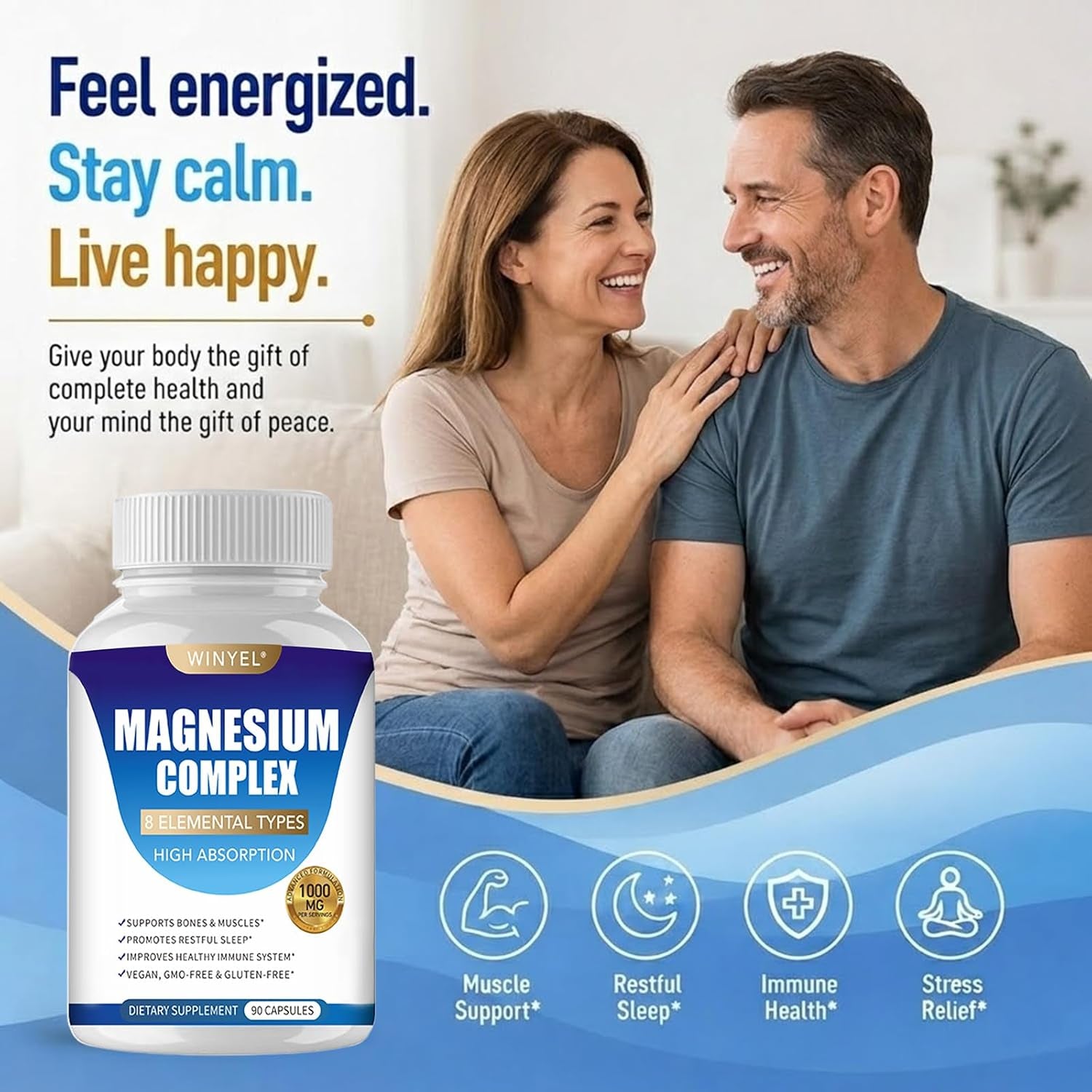Magnesium Complex Supplement 8 Elemental 1000Mg | Magnesium Supplement with Glycinate, Malate, Citrate | Sleep, Relaxation, Bone & Muscle | Vegan 90 Capsules